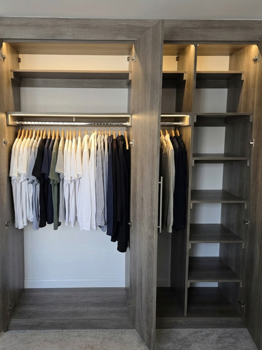 Open bespoke alcove wardrobe with visible shelving, Morningside Edinburgh
